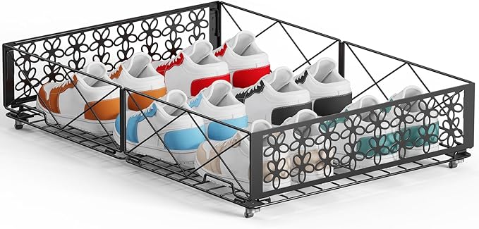 Under Bed Storage with Wheels, Rollable Under Bed Storage Container, Foldable Metal Under Bed Organizer for Bedroom Clothes Shoes Blankets Storage (1black, Black)
