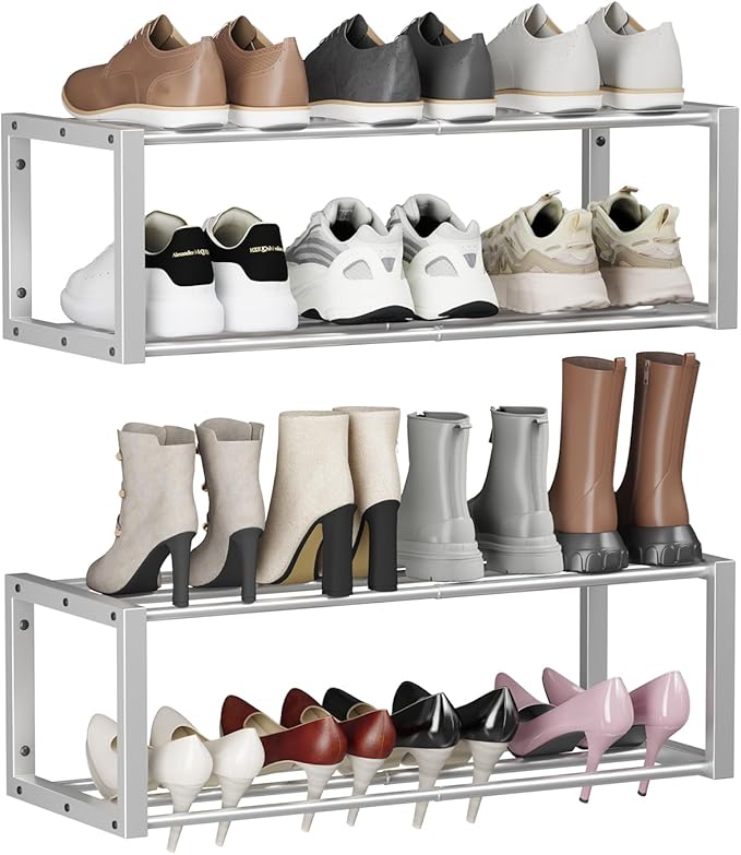 Hanging Shoe Organizer, 2 Pack Wall Mounted Shoe Rack Holds 12 Pairs, Silver