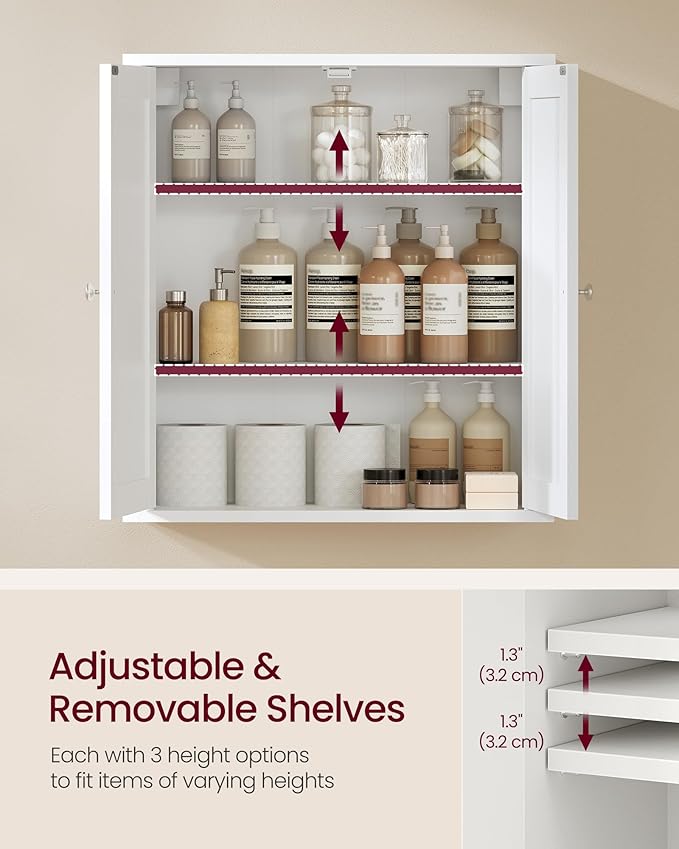 VASAGLE Siren Collection - Bathroom Wall Cabinet, Hanging Bathroom Storage Cabinet, for Medicines, Farmhouse, 2 Adjustable Shelves, 7.9 x 22 x 23.6 Inches, Cloud White UBBK330WB01S