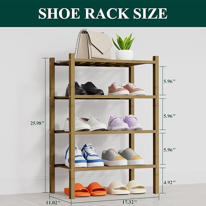 Small Bamboo Shoe Rack, 4 Tier Free Standing Wooden Shoe Organizer, Walnut