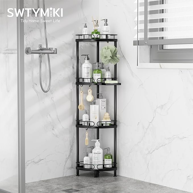 SWTYMIKI Corner Shower Caddy Standing - 4 Tier Stainless Steel Shower Organizer Stand with 4 Hooks & Soap Holder, Rustproof Metal Standing Tall Floor Shower Shelf and Bathroom Organizer, Black