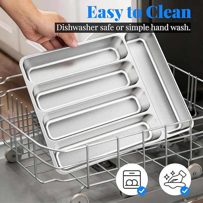 IKOCO Silverware Organizer Stainless Steel Utensil Drawer Organizer with 5 Compartments for Kitchen, Dishwasher Safe, Holds Spoons Forks Knives (13.8" x 11.4" x 1.6", Silver)