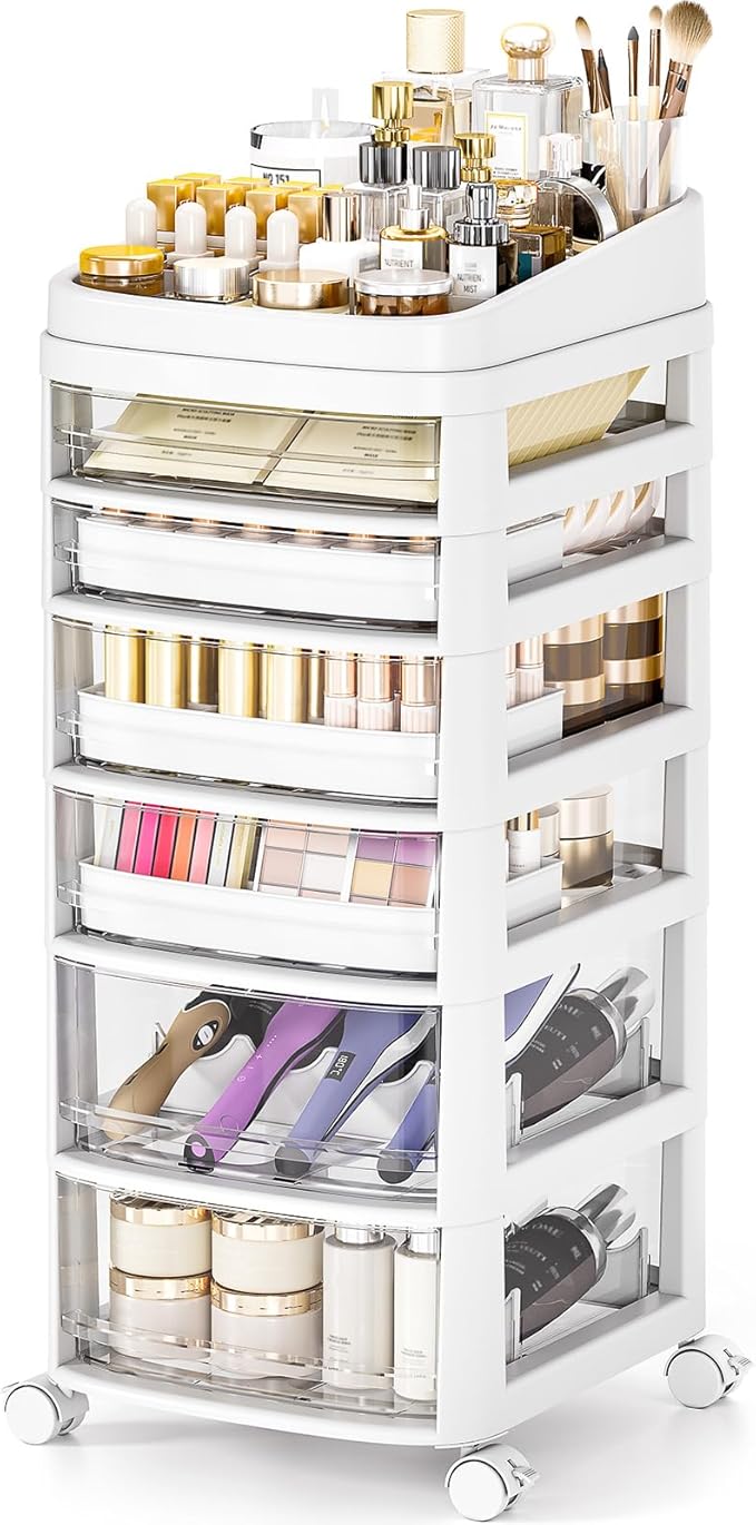 Rolling Cart with 6 Drawers, Clear Plastic Drawer Organizers, Dust Proof Under Desk Storage for Makeup, Skincare, Art Crafts and Baby Items, Acrylic Cosmetic Organizer with Dividers, Vanity Cart