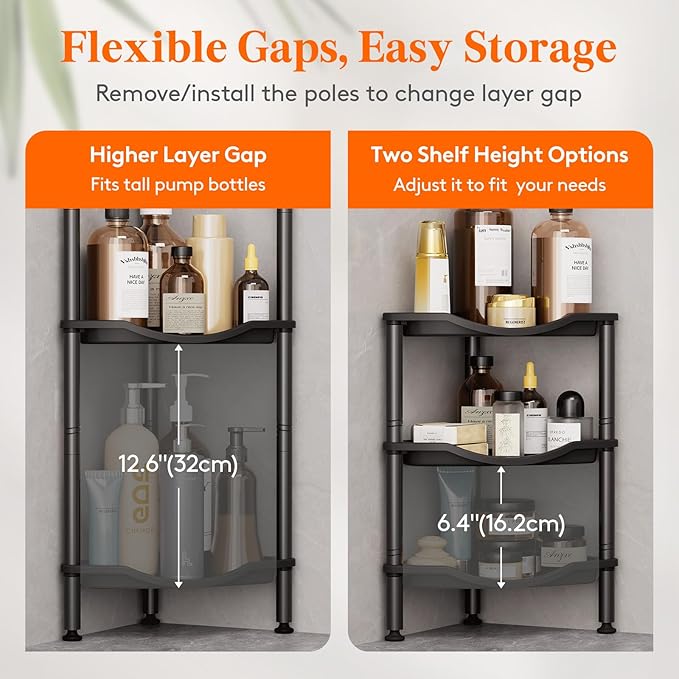 Lifewit Floor Standing Shower Caddy Corner, 3 Tier Plastic Shower Stand Rack with Adjustable Feet and Hooks, Rustproof Bathroom Shelf Organizer, Black, 34 x 24 x 75 cm/13 x 9.5 x 29.5 inch