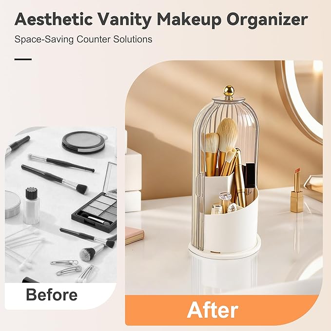 360° Rotating Makeup Brush Holder with Lid, Transparent