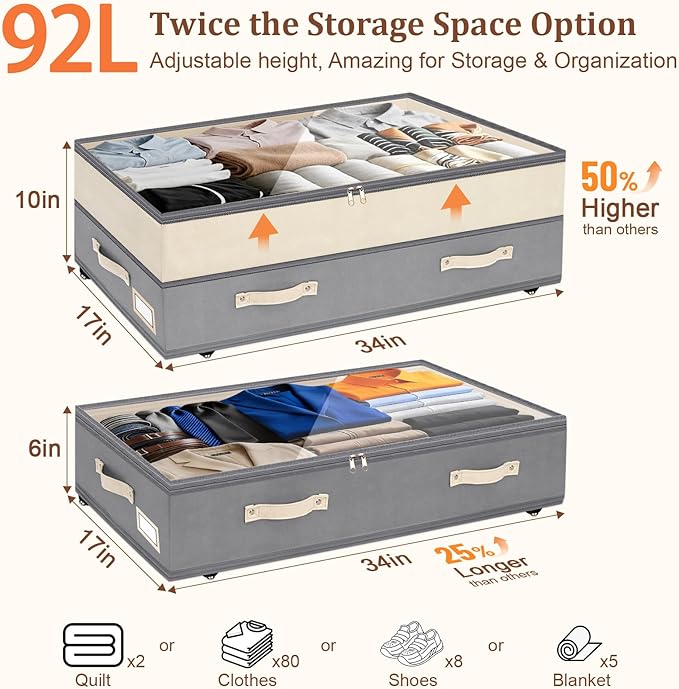 Dolicer 2 Pack Under Bed Storage with Wheels, Grey