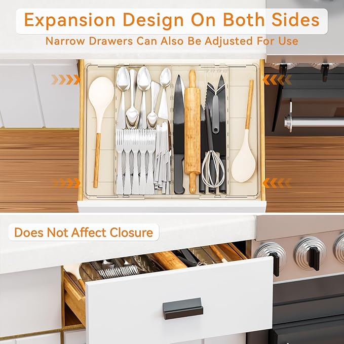 Large Expandable Silverware Organizer, Adjustable From 11'' to 21.3'', Spatula