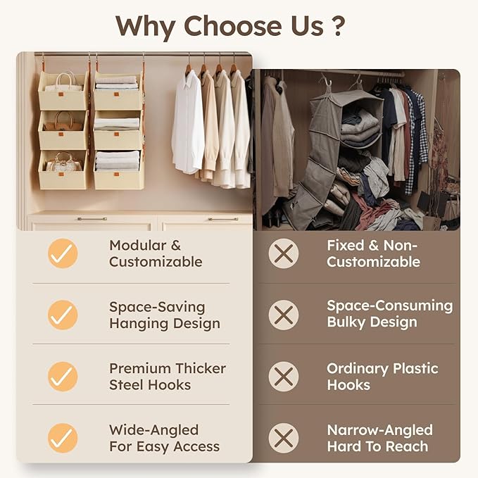 Homsorout Hanging Closet Organizer 4 Tier - Clothes Hanging Shelves, Space-Saving Closet System, Fabric Storage Bins Bedroom Organization, Collapsible Baskets for Home, Dorm, Rv, Beige
