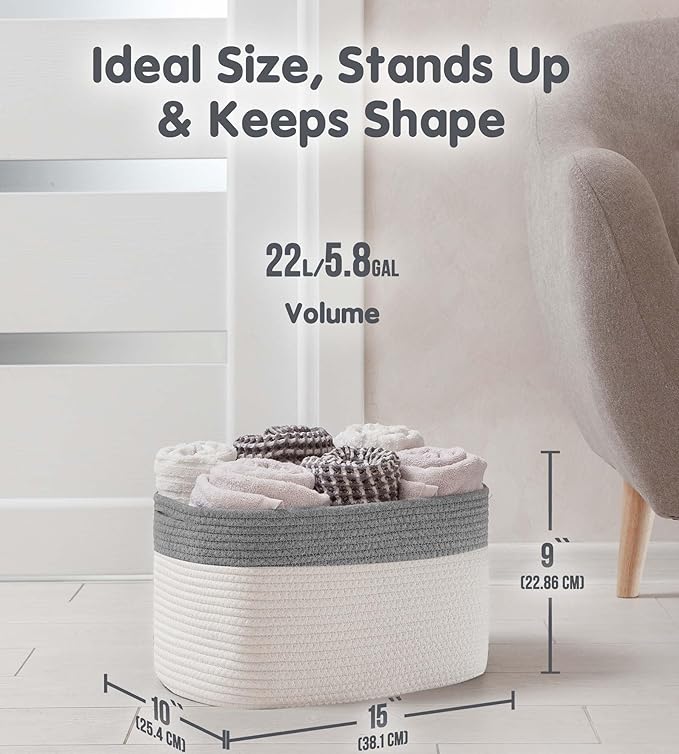 CHAT BLANC Cotton Rope Baskets for Organizing, Shelves, Toys, Storage, Shoe, Bathroom, Laundry, Towel, Nursery, Home Decor, Blanket, Cloth Woven Bins Fabric (Dark Gray & Creamy White7, 15"x10"x9")