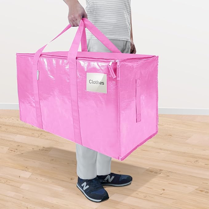 TICONN 8 Pack Extra Large Moving Bags Heavy Duty with Zippers & Carrying Handles, Durable Storage Bags Moving Boxes for Closet Organizers and Storage (8 Pack, Pink)
