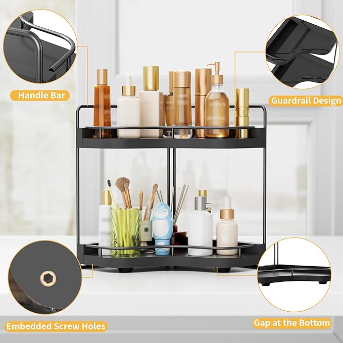 2-Tier Corner Bathroom Counter Organizers, Stable Wood Vanity Shelf for Perfume, Skincare & Makeup, Larger Size Countertop Organizer and Storage for Bathroom, Kitchen and Dresser(Black)