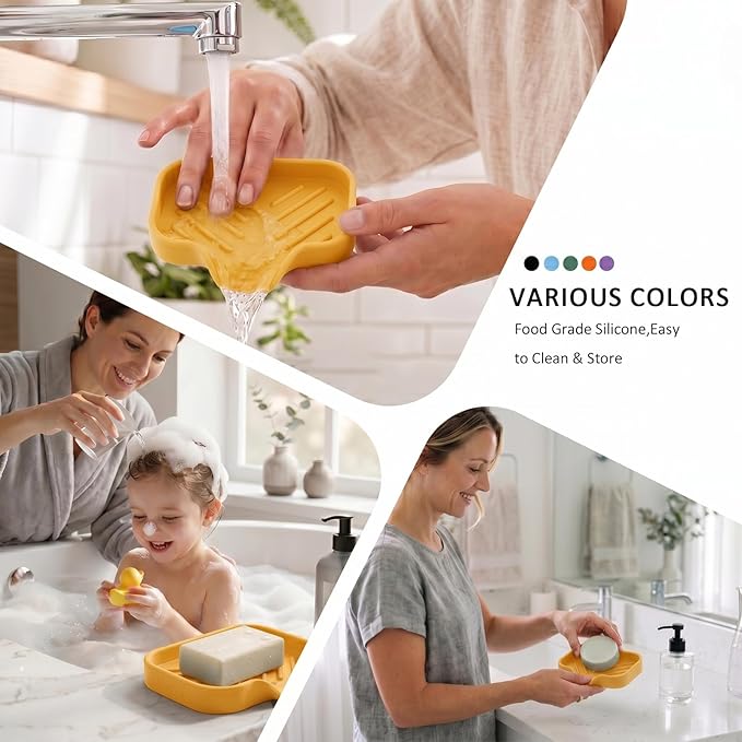 MicoYang Silicone Soap Dish with Drain Spout — Self-Draining Sink Organizer Tray for Bathroom & Kitchen, Holds Soap, Sponges & Dispensers, Non-Slip & Dishwasher Safe, Yellow (Small, 4.9"×3.2")