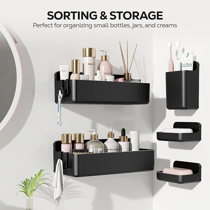 Adhesive Wall Shelf, Shower Shelves 5 Pack with Soap Holder, Black