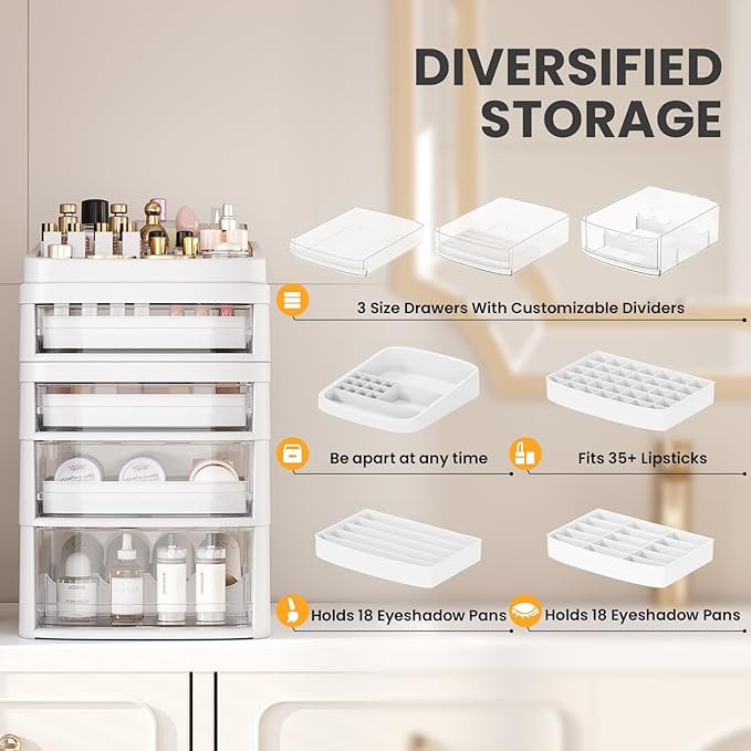Rolling Cart with 4 Drawers, Clear Plastic Drawer Organizers