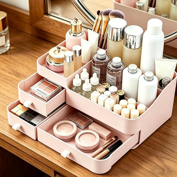 Makeup Organizer with Drawers, Bathroom Counter Organizer, Plastic Cosmetic Display Case, Large Skincare Storage for Vanity Countertop, Ideal for Bedroom Dresser top and Desktop