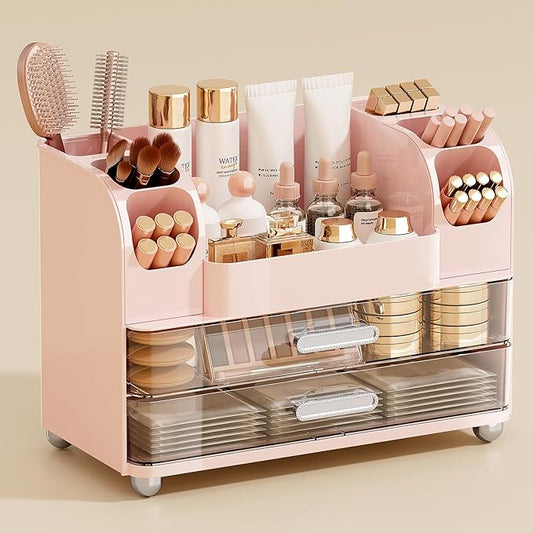 Makeup Organizer for Vanity with 2 Large Drawers, Pink