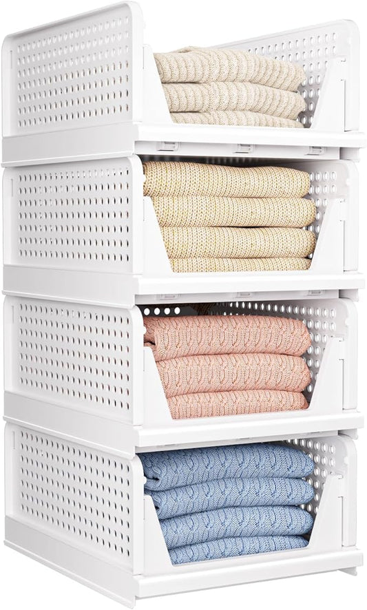 4 Pack Folding Closet Organizers Storage Box, Stackable Storage Bins