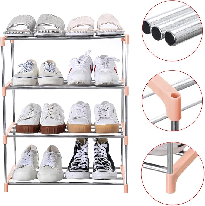 Jucaifu Stackable Small Shoe Rack, Entryway, Hallway and Closet Space Saving Storage and Organization (4-Tier, Pink)