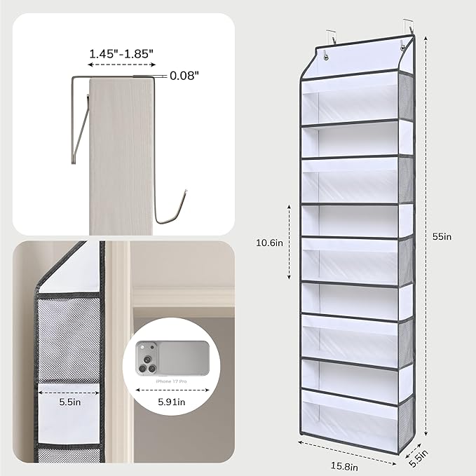 5 Tiers Ultra-thin Over Door Organizer with 10 Mesh Side Pockets, 44 lbs Weight Capacity Hanging Storage Organizer with Clear Window Kids Toys, Shoes, Diapers, White & Grey