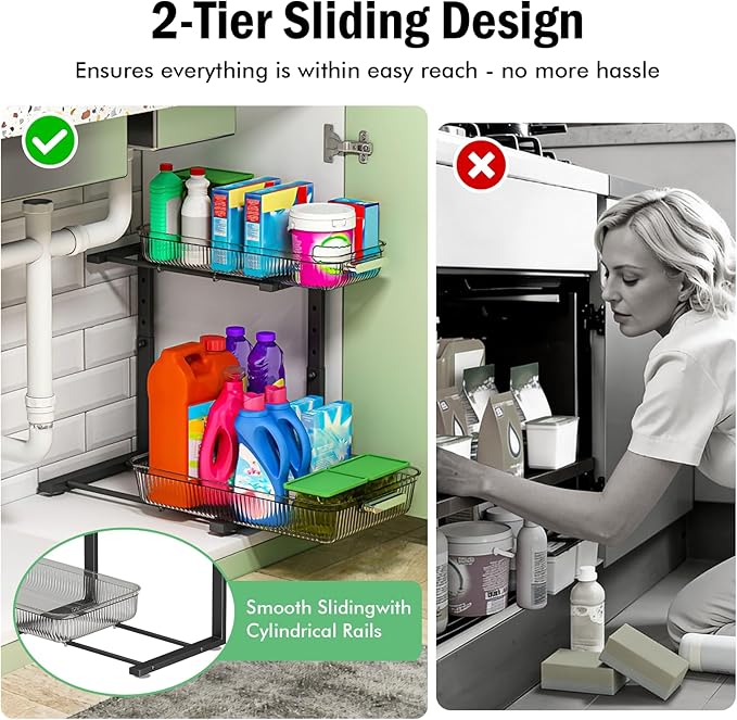 2 Pack Double Sliding Under Sink Organizers and Storage