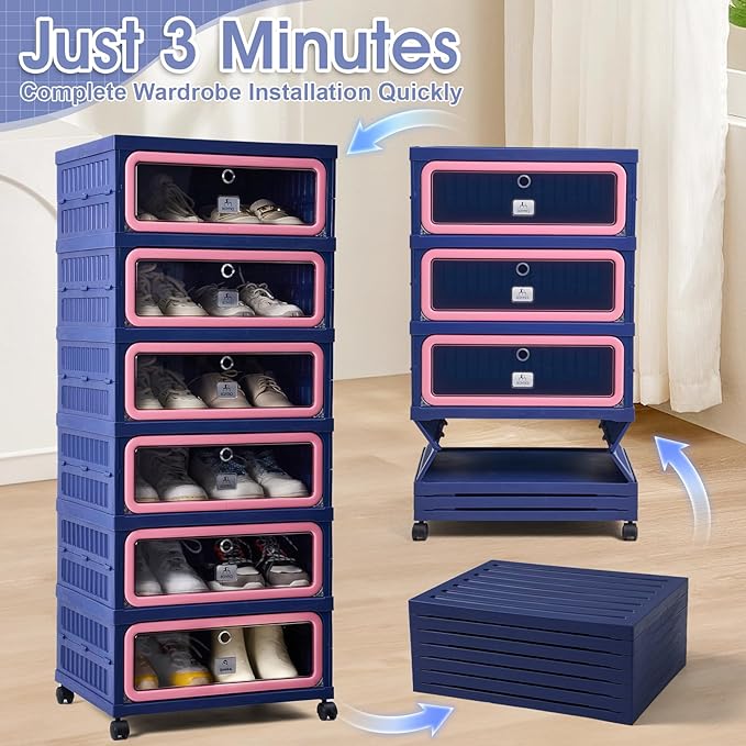 SAYMA Foldable Shoe Rack Organizer, Collapsible Shoe Cabinet with Magnetic Clear Door, Large Plastic Folding Shoe Cabinet, Easy Assembly Shoe Shelves Organizer for Entryway, 6 Tiers-12Pairs