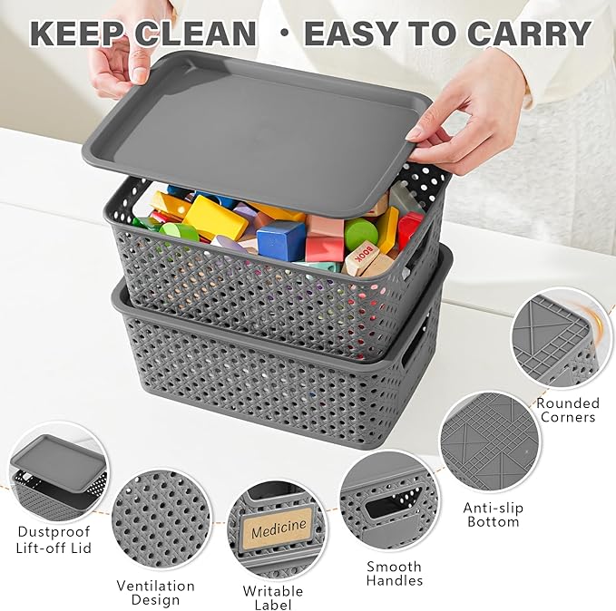 10 Pack Small Plastic Storage Bins with Lids, Stackable Plastic Storage Baskets for Organizing with Handles, Organizer Bins with Labels for Room,Craft,Containers for Pantry Organizers and Storage,Grey