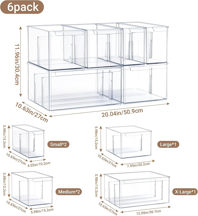 Clear Plastic Storage Bins with Dividers for Fridge Pantry Organizers, C6-3