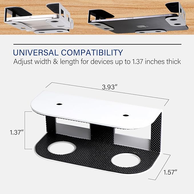 BYMECOST Under Desk Laptop Storage Mount, Metal Under Desk Device Holder, for Devices Up to 1.37" Thick, MacBook, Mini, Keyboard, Router, with Anti-Scratch Silicone (White)