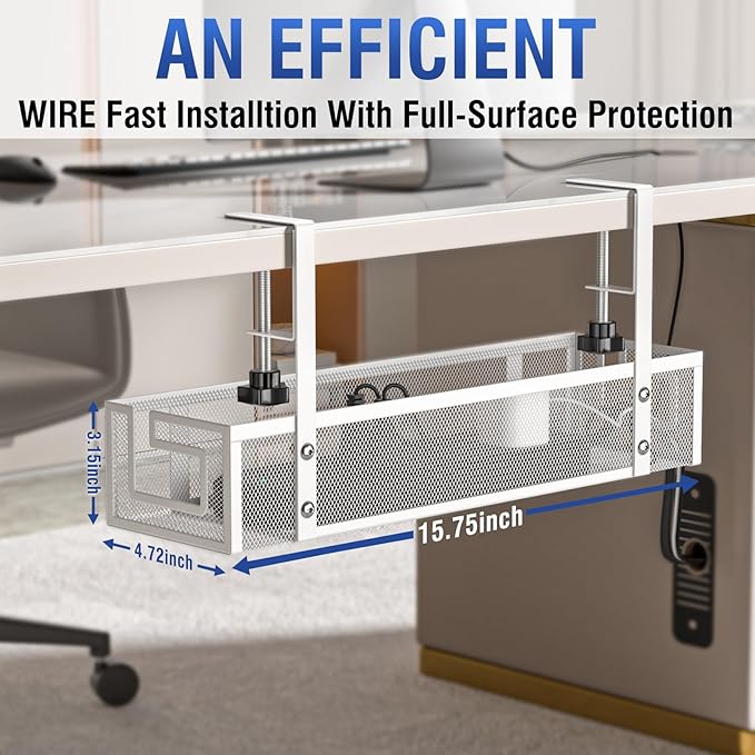 Under Desk Cable Management Tray, GZOKMOG No Drill Cable Management Under Desk, Heavy Duty Metal Cord Organizer, Home Office Wire Management for Gaming/Standing Desk, 2 Pack White, 15.75 inch