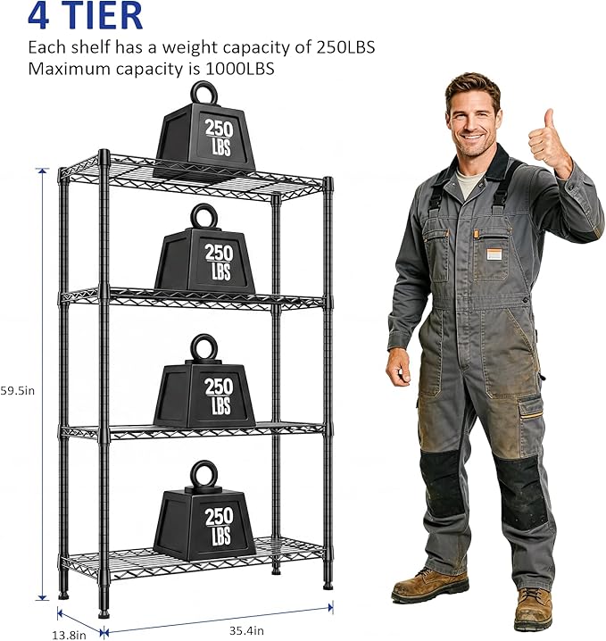 IZEUK 4-Tier Heavy Duty Steel Storage Shelving Unit, Metal Wire Rack for Kitchen, Pantry, Cloakroom, or Office Organization, 1000 lbs Capacity, Black, 13.8" D x 35.4" W x 59.5" H