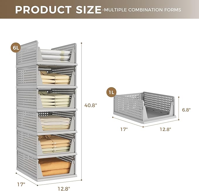 Grey 6 Pack Closet Organizers Storage Bins