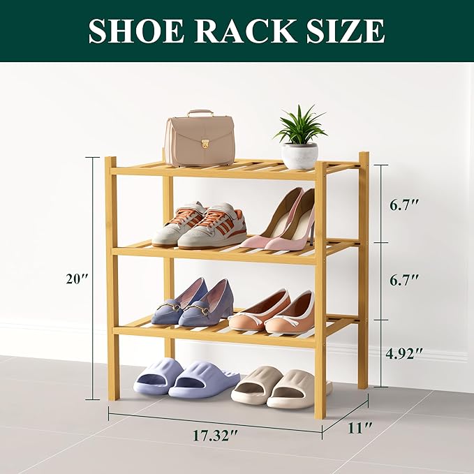 Smiry Bamboo Shoe Rack for Closet, 3 Tier Small Wooden Shoe Organizer, Stackable Wood Shoe Storage Shelf for Entryway, 14 Vertical Slats, One-piece Heavy-Duty Legs, 17.32"x11.02"x18.31", Natural