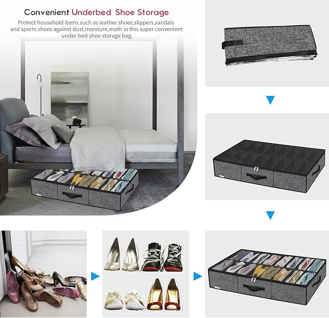 Sturdy Under Bed Shoe Storage Organizer with Handles and Clear Window Fit 16