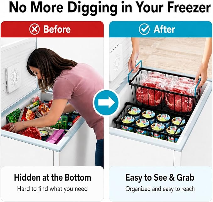iSPECLE Chest Freezer Organizer Bins - Fits 7 Cu.Ft Deep Freezer, 6 Pack Stackable Wire Baskets(14.7" Length), Heavy Duty Coated Freezer Organizer, Rust Resistant for Frozen Food Sorting, Black