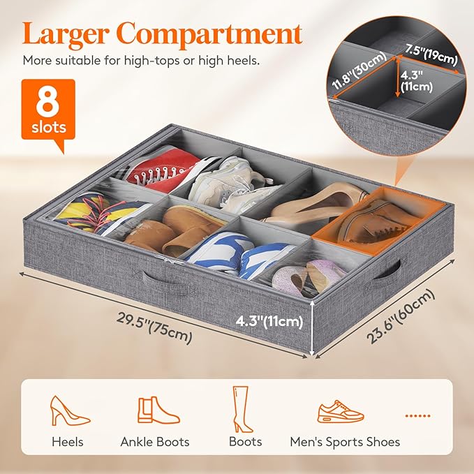 Under Bed Shoe Storage Organizer Fits 8 Pair Sneakers, Sports Shoes 2 Pack