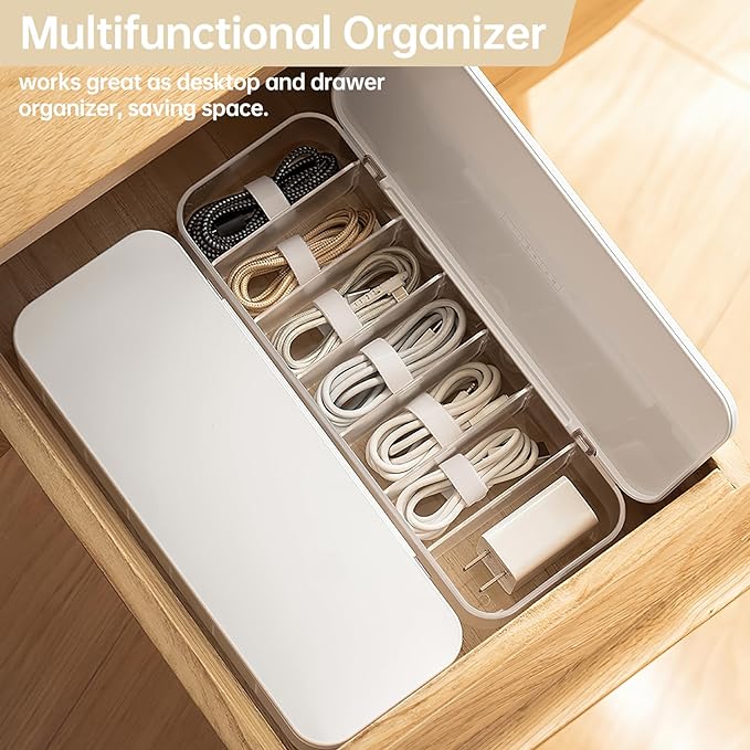 PAVSTINE Cable Organizer Storage Box with 7 Wire Ties,Desktop Cable Management Box with Lid,Power Cord Organizer with 7 Compartments for Office,Home,Desk Accessories Storage Stationery Supplies White