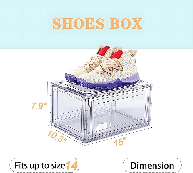 12 Pack Acrylic Clear Shoe Boxes– Ultra Clear Plastic Stackable Sneaker Storage For Sneakerhead. Professional Grade Shoe Display Case with Magnetic Door .Boots and Hat Organizer.Fits US Size 15