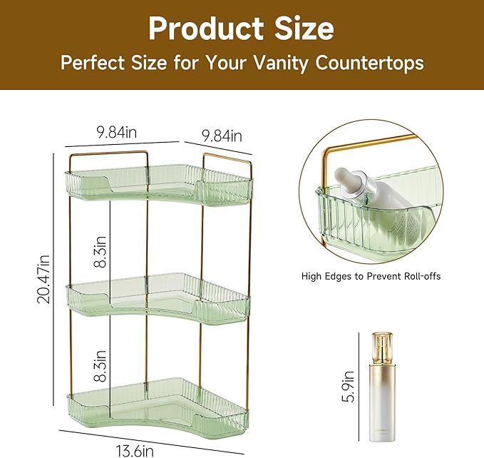 Ceruaxb 3-Tier Corner Bathroom Counter Organizer, Plastic Countertop Makeup Organizer, Large Capacity Vanity Bathroom Perfume Shelf Rack for Kitchen Office Desktop (Green)