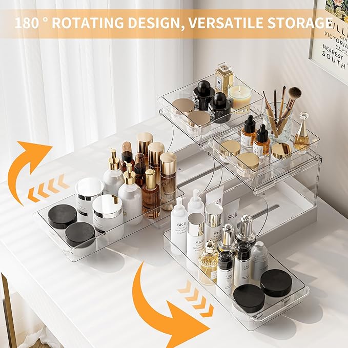Jsyrjing Pull Out 2 Tier Under Sink Organizer Clear Cabinet Organizer for Kitchen Bathroom Storage Rotating Pantry Rack for Spice Organization and Makeup Organizer for Drawer Durable Design 2 Pack