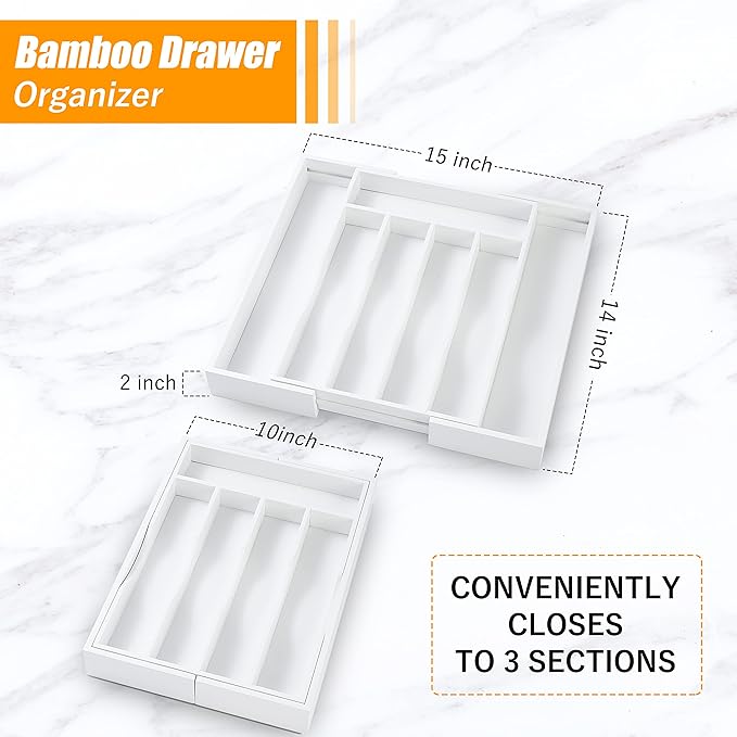 White Silverware Organizer Kitchen Drawer Organizer Expandable Bamboo Utensil