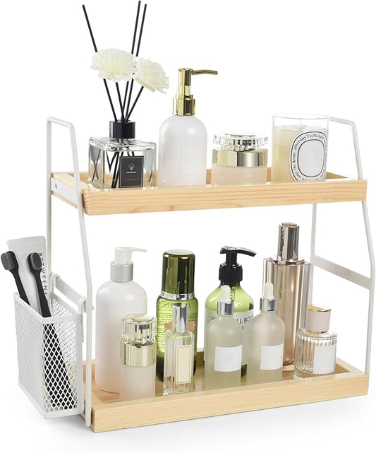 Bathroom Counter Organizer, 2-Tier Standing Storage Shelf with Basket, White