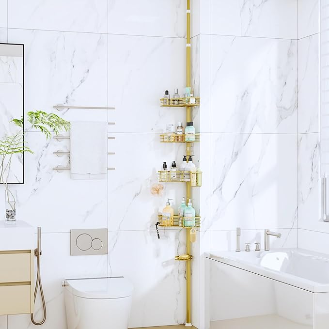 SWTYMIKI Shower Caddy Tension Pole - 4-Tier Corner Shower Organizer Tension Rod with Soap Holder, Toothbrush Holder & 4 Hooks, Adjustable Stainless Steel Bathroom Organizer 27.6 to 108.3 inch, Gold