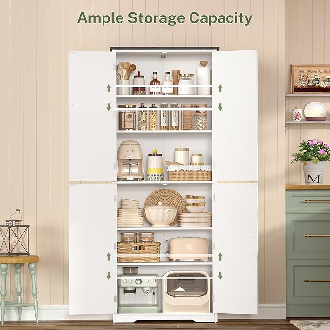 TEENFON Tall Pantry Cabinet, Kitchen Cabinet with 4 Shelves, Adjustable Shelves, Pantry Cabinets with 4 Barn Doors, Tall Kitchen Cabinets for Dining Room, Living Room, White