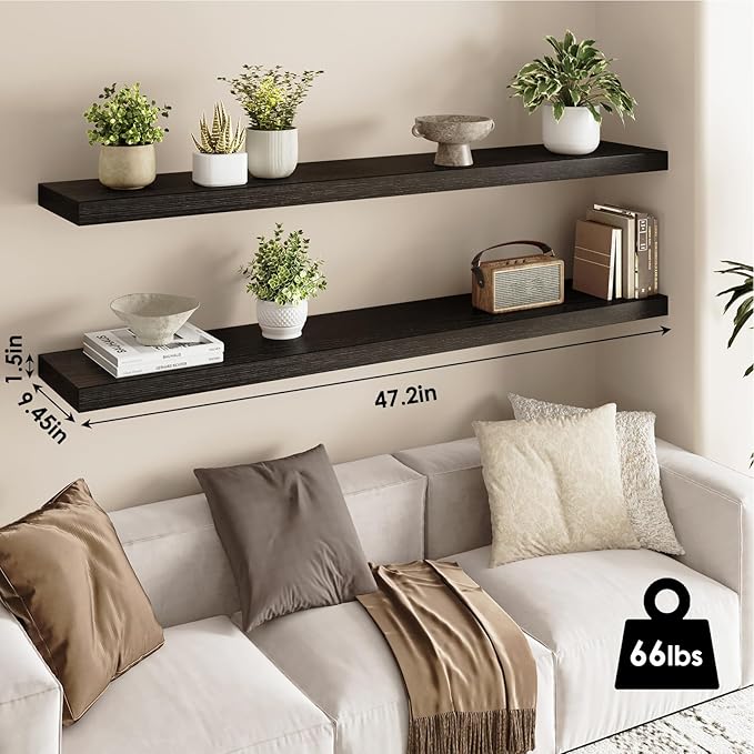 Fixwal Floating Shelves for Wall, 47" Long Heavy Duty Wall Mounted Rustic Wood Shelves for Living Room, Bedroom, Bathroom and Kitchen, Wall Shelves for Storage, Books, Room Decor (Black, Set of 2)