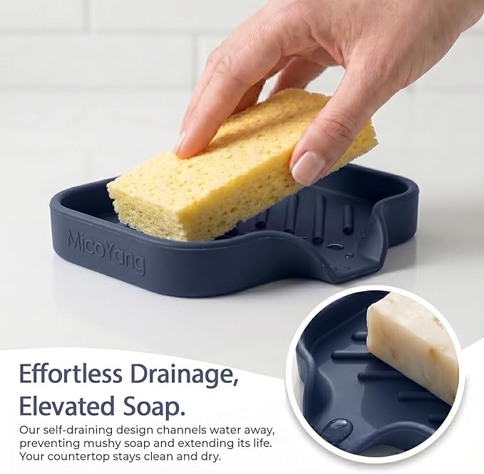 MicoYang Silicone Soap Dish with Drain Spout — Self-Draining Sink Organizer Tray for Bathroom & Kitchen, Holds Bar Soap, Sponges & Dispensers, Non-Slip & Dishwasher Safe, Navy Blue (Small, 4.9"×3.2")