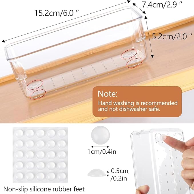 6Pcs Clear Plastic Drawer Organizers Tray 6" x 3" Storage Bins with 25Pcs