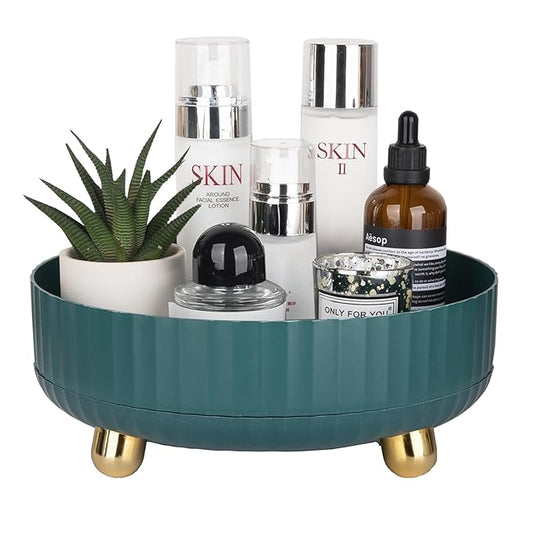 Anyoifax Makeup Perfume Organizer Tray 360 Degree Rotating Lazy Susan Skincare Lotion Organizer Spinning Cosmetics Storage for Dresser, Vanity, Bathroom Countertop, Small Teal Green