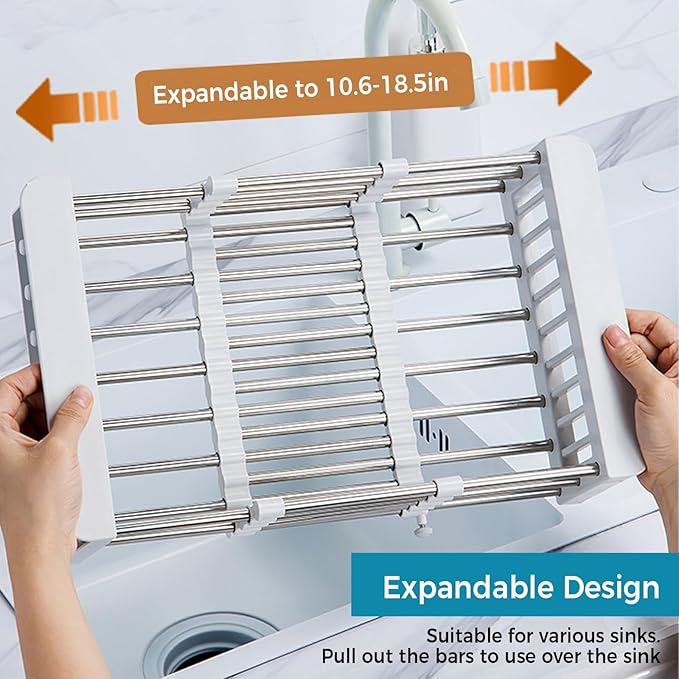 COVRA Over Sink Dish Drying Rack, Stainless Steel Drainer for 10.6"-18.5" Sinks (Square Sinks ONLY), Kitchen Countertop Organizer for Dishes, Vegetables, and Fruits(Gray)