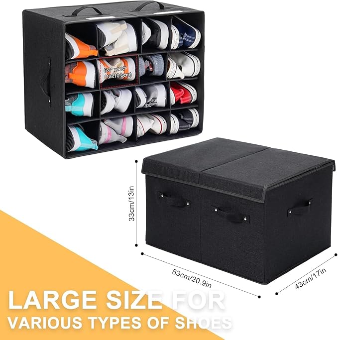 2 Pack Shoe Organizer for Closet, Foldable Shoe Storage Box with Adjustable Dividers, Large Space Saving Shoe Storage Container Fits up to 16 Pairs with Reinforced Handles (Black)