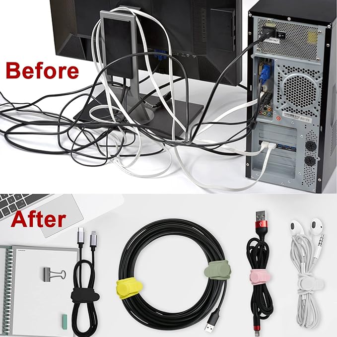 Silicone Cable Ties Cord Organizer for Bundling Earphone, Phone Charger, Computer Cords, Reusable Wire Organizer Cable Management in Home,Office,Kitchen,School (5 Colors x10Pcs)